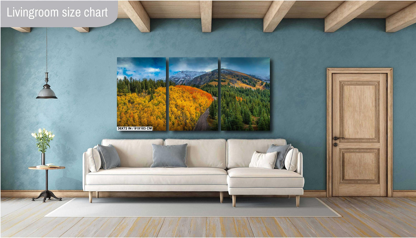 Colorado Photo Wall Art – Autumn Mountain Canvas with Snow Covered Peaks & Winding Road