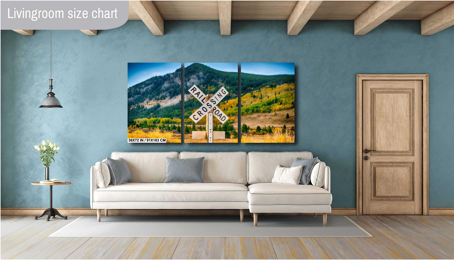 Railroad Crossing Sign Art - Rustic Train Wall Art | Scenic Mountain Landscape Print