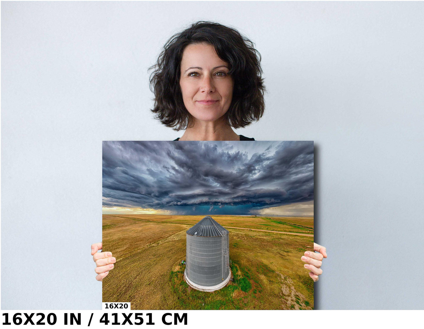 Stormy Prairie Wall Art - Rustic Country Print with Dramatic Sky Photo & Grain Bin Artwork