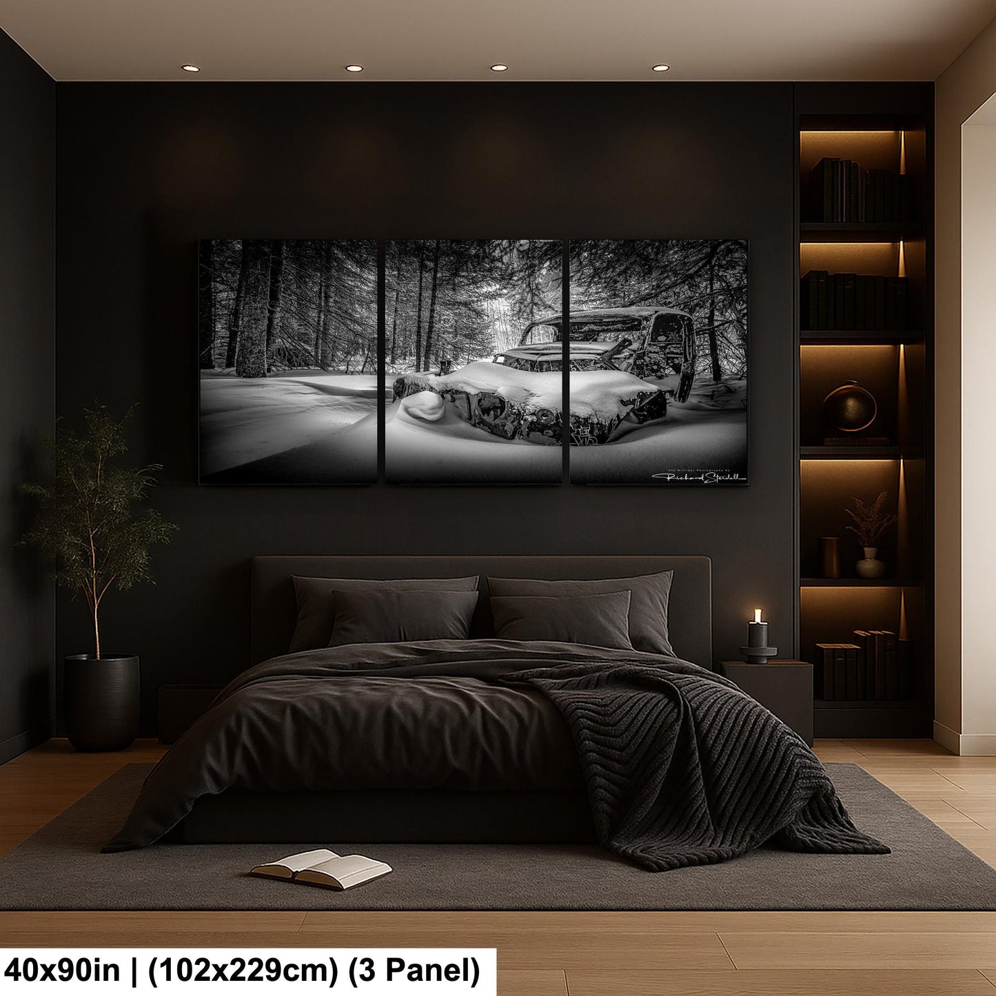 Rustic Winter Wall Art, Snowy Abandoned Car (Black & White Print)